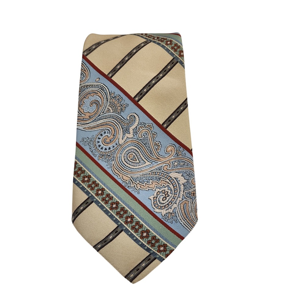 Vintage Danbury Mens Tie Paisley Geometric Tan Blue Burgundy WPL 6141 Polyester